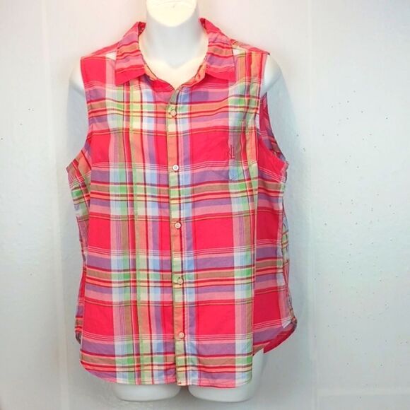 Lauren Ralph Lauren pink plaid button-up sleeveless top sz L Preppy, Y2K - Picture 1 of 6